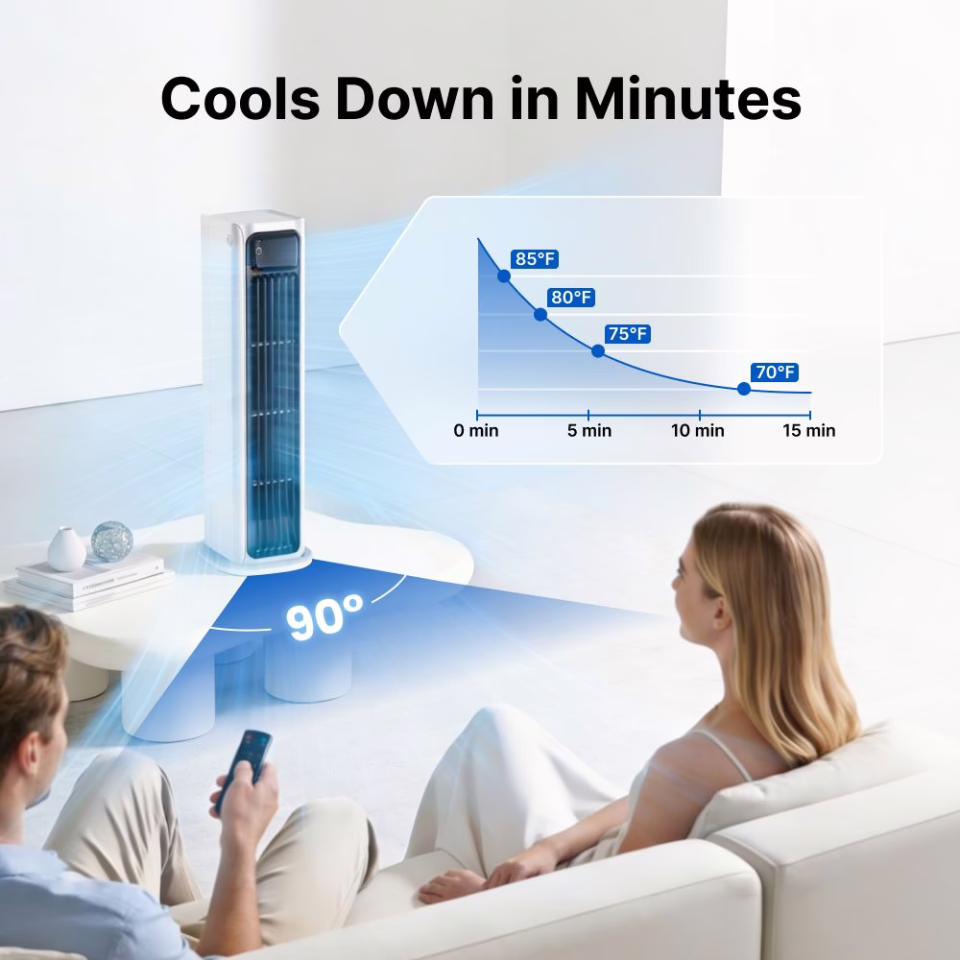 A couple sitting on a sofa with the FrostyLax cooler running and a temperature drop chart shown over the photo