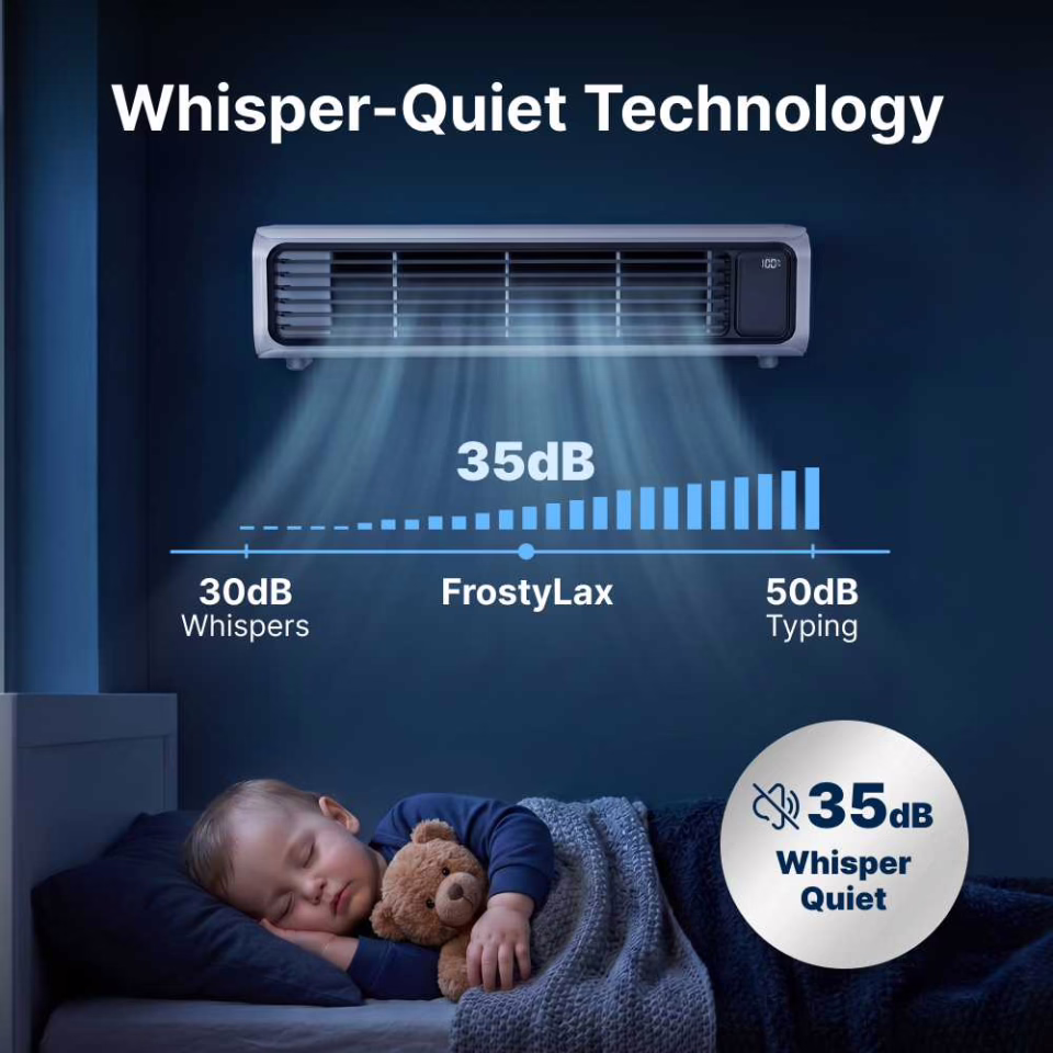 Wall mounted FrostyLax cooler above a sleeping child with a noise level comparison shown over the photo