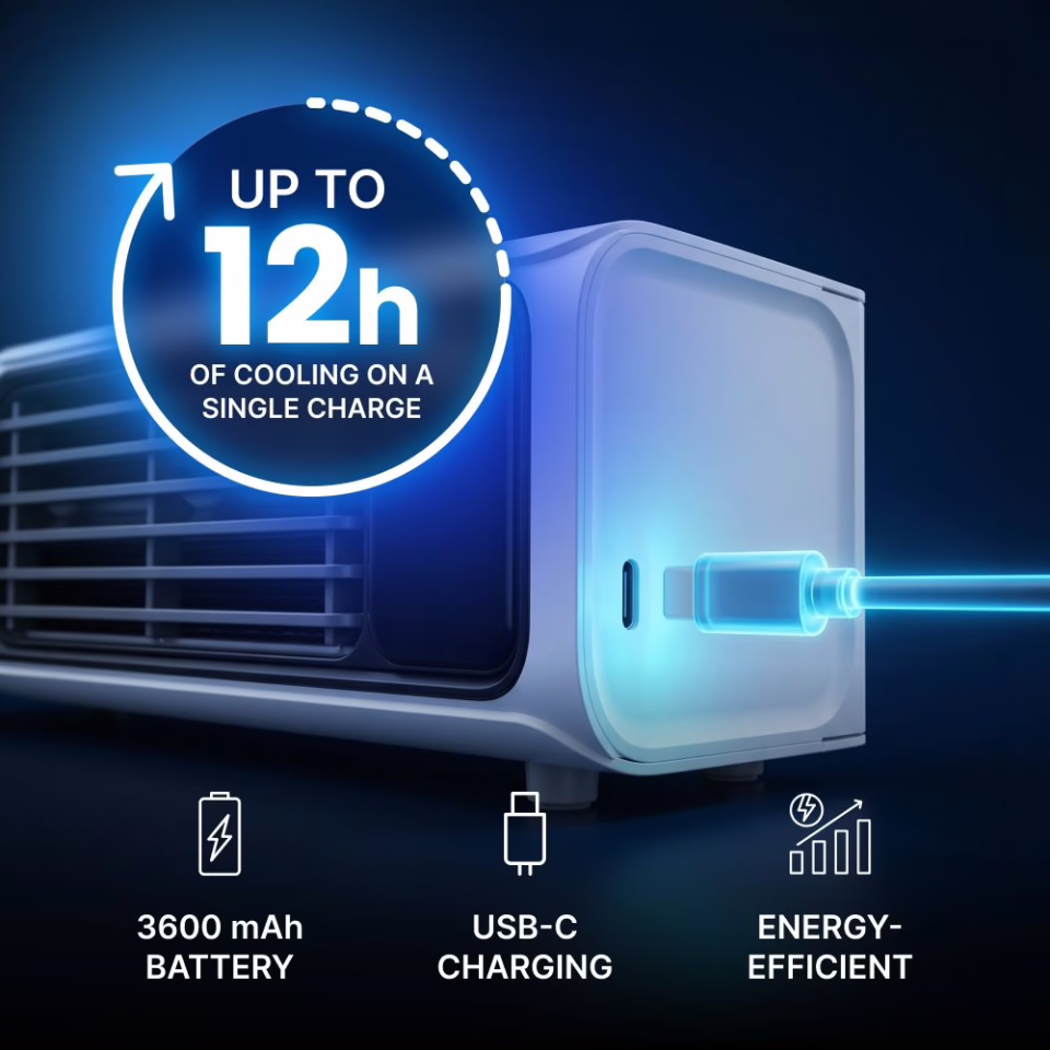 Close view of the USB-C charging port on the FrostyLax cooler with battery runtime figures shown over the photo