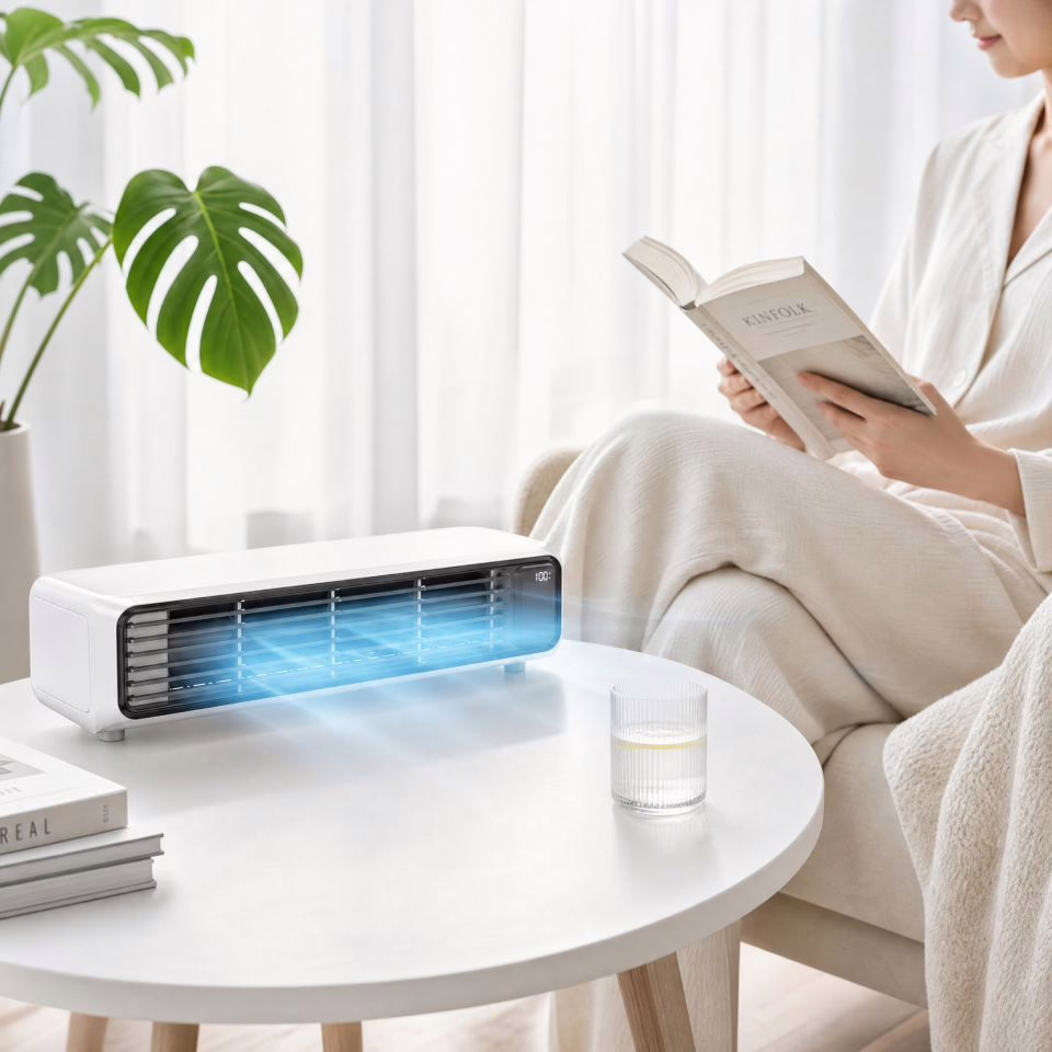 FrostyLax cooler on a white round coffee table in a living room, blue airflow visible, a woman reading under a blanket
